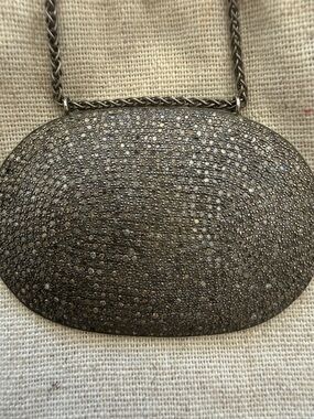 Lera Jewels Authentic Pavé Diamond In Oxidized Silver Oval Adjustable Necklace